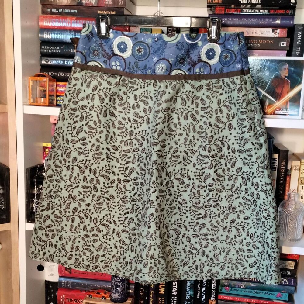 ISIS Brand Blue, green and brown skirt. Floral nature patterns.
